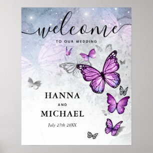 Elegant Silver Lila Butterfly Välkommen Bröllop Poster