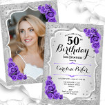 Elegant Silver Lila Foto 50:e födelsedagen Inbjudningar<br><div class="desc">Femininininbjudan till elegantens blommigt på 50 års födelsedag med ditt foto på baksidan av kortet. Glam-design med faux glitter silver. Funktioner silver rand, lila ro, skriptteckensnitt och konetti. Perfekt för en snyggt vuxen under firande party. Anpassa med dina egna detaljer. Kan anpassas för vilken ålder som helst! Skrivna Zazzle-inbjudningar eller...</div>