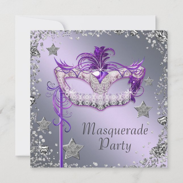Elegant Silver Lila MasqueraParty Inbjudningar (Framsida)