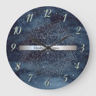 Elegant Silver Mandala Rand marinblått Stor Klocka