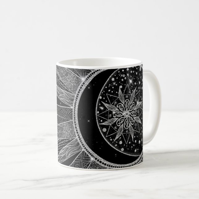 Elegant Silver Måne Mandala Black Design Kaffemugg (Framsida höger)