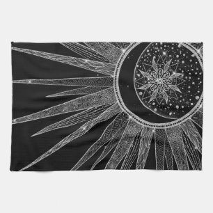 Elegant Silver Måne Mandala Black Design Kökshandduk