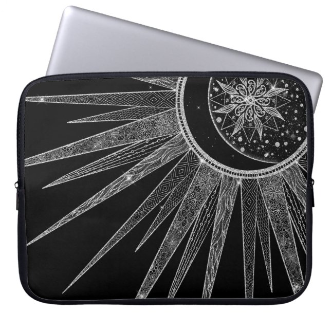 Elegant Silver Måne Mandala Black Design Laptop Fodral (Framsidan)