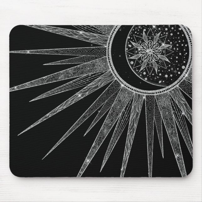 Elegant Silver Måne Mandala Black Design Musmatta (Framsidan)