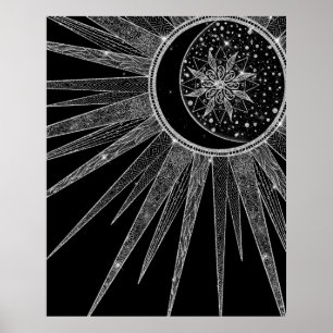 Elegant Silver Måne Mandala Black Design Poster