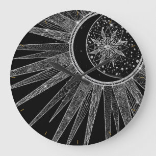 Elegant Silver Måne Mandala Black Design Stor Klocka