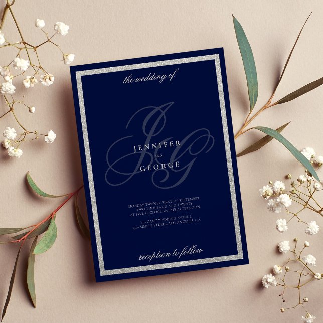 Elegant silver marinblått monogram bröllop inbjudningar (Elegant silver navy blue monogram initals wedding invitation)
