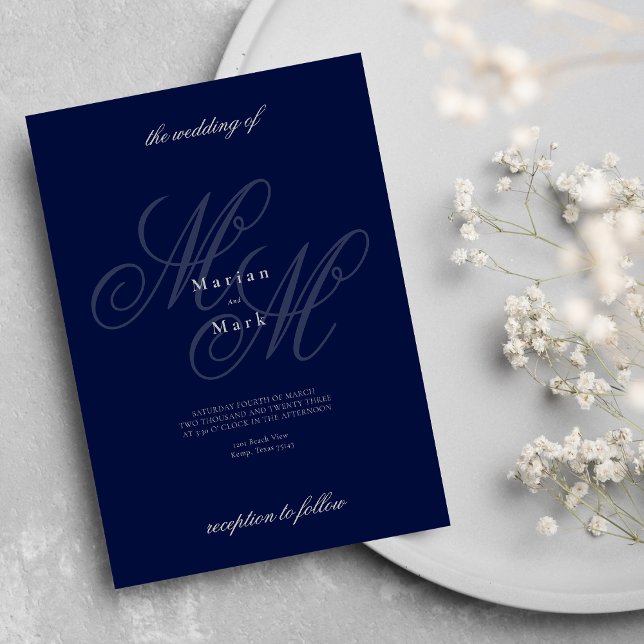 Elegant silver marinblått monogram första bröllop inbjudningar (Elegant silver navy blue monogram initials wedding )