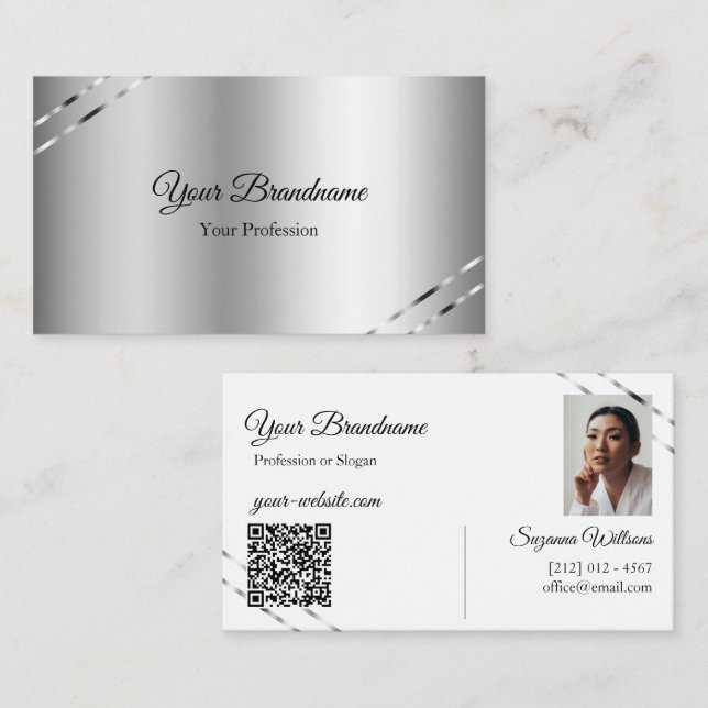 Elegant Silver med Glänsande Linjer Foto QR-kod Visitkort (Fram/baksida)