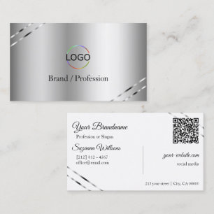 Elegant Silver med glänsande linjer Logo och QR-ko Visitkort