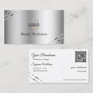 Elegant Silver med glänsande linjer Logo och QR-ko Visitkort