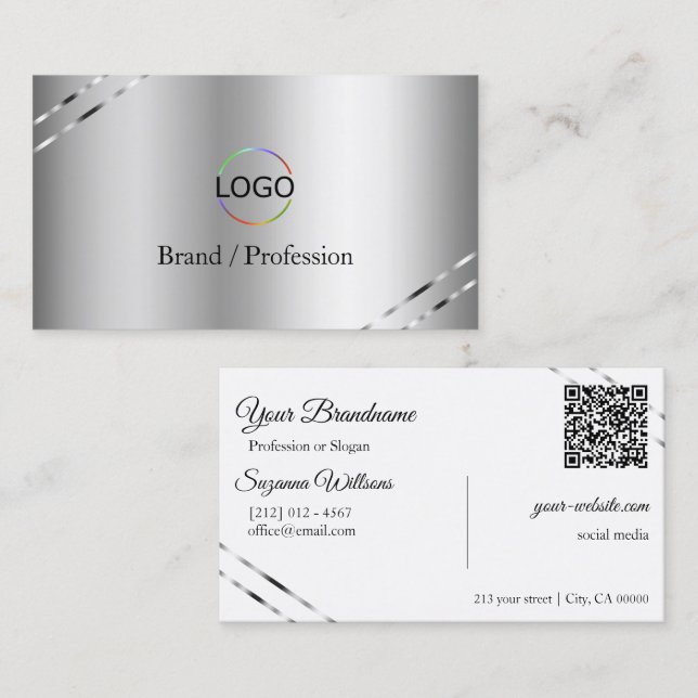 Elegant Silver med glänsande linjer Logo och QR-ko Visitkort (Fram/baksida)