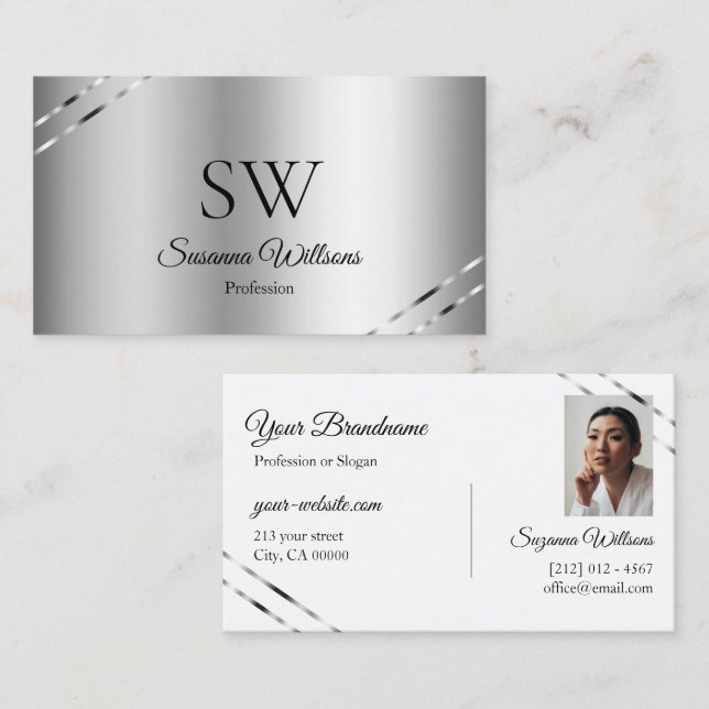 Elegant Silver med Glänsande Linjer Monogram Foto Visitkort (Fram/baksida)