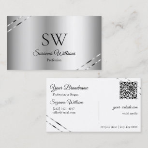 Elegant Silver med Glänsande Linjer Monogram QR-ko Visitkort