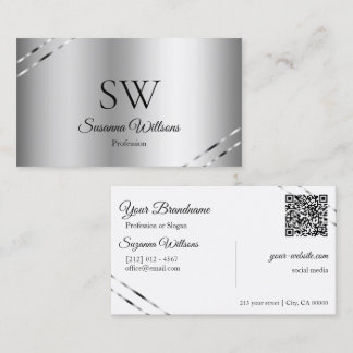 Elegant Silver med Glänsande Linjer Monogram QR-ko Visitkort