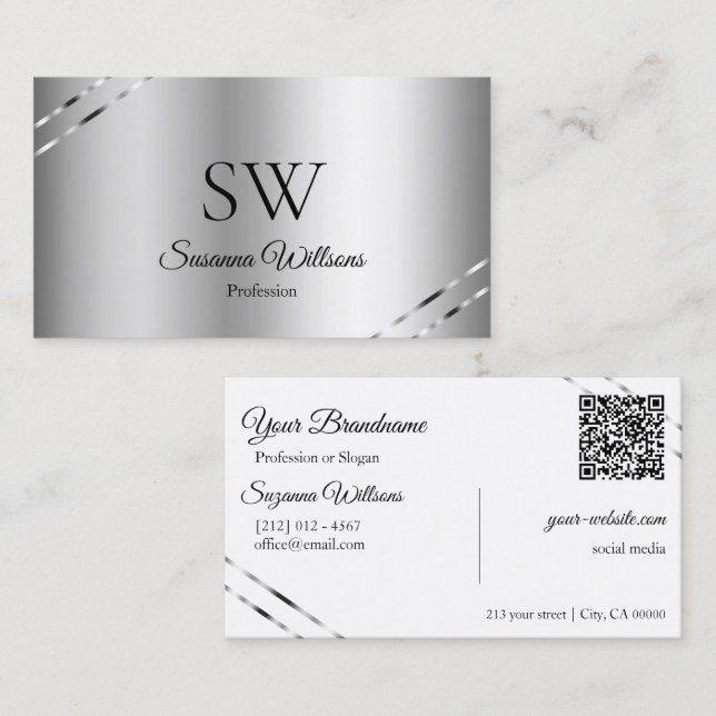 Elegant Silver med Glänsande Linjer Monogram QR-ko Visitkort (Fram/baksida)