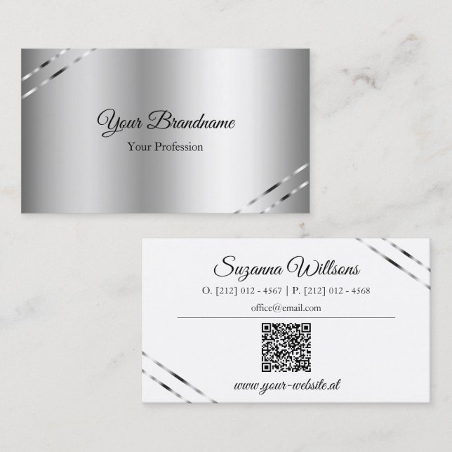 Elegant silver med skimrande linjer och QR-kod Visitkort (Fram/baksida)