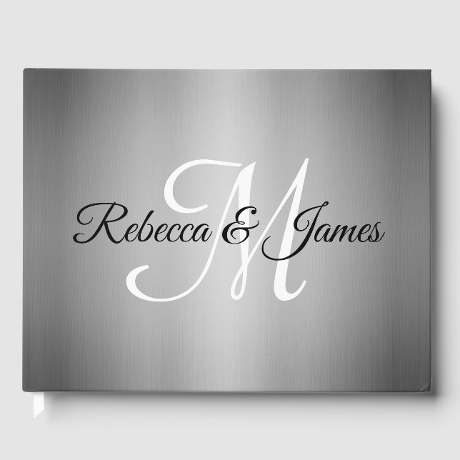 Elegant Silver Monogram skript Bröllop Guest Bok (Framsida)
