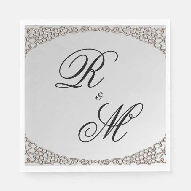 Elegant Silver Monogrammed Bröllop Pappersservett (Framsidan)