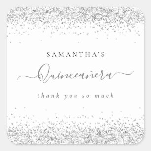 Elegant Silver Namn Quinceañera Tack Fyrkantigt Klistermärke