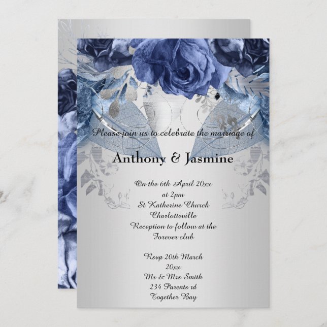 ELEGANT SILVER NAVY BLOMMIGT RO WEDDING INVIATION INBJUDNINGAR (Fram/baksida)