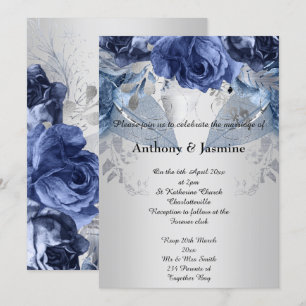 ELEGANT SILVER NAVY BLOMMIGT RO WEDDING INVIATION INBJUDNINGAR