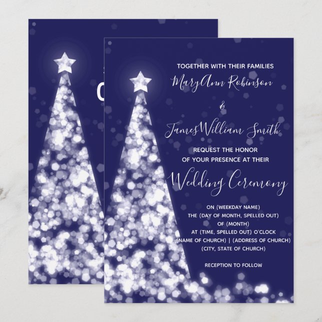 Elegant Silver Navy Julgran Holiday Bröllop Inbjudningar (Fram/baksida)
