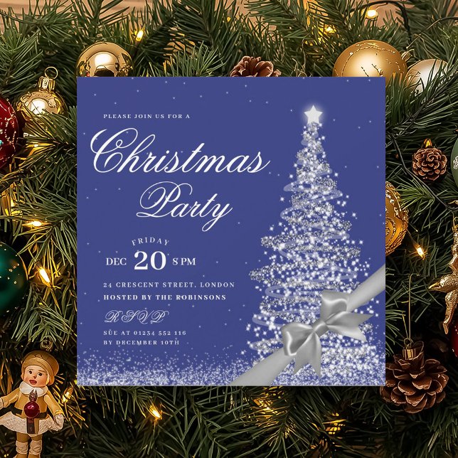 Elegant Silver Navy Winter Christmas Tree Bow  Inbjudningar (Elegant Silver Winter Christmas Tree Bow Invitation)