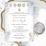 Elegant Silver och Blå kelestial Bat mitzvah Inbjudningar<br><div class="desc">Med den här eleganten roliga Bat mitzvah inbjudan till vänner och familj med den känsliga vattenfärgen himlar, stjärnor och måne faser i en vacker blandning av silver grått, blek blå, vit och guld. Tjuliga stjärnor i vit och faux guld foil. Bat mitzvah fras och stjärna av David i faux guld-folie....</div>