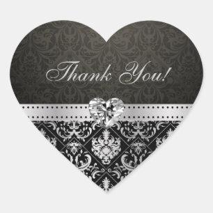 Elegant Silver och Black Damask Tack Stickers Hjärtformat Klistermärke