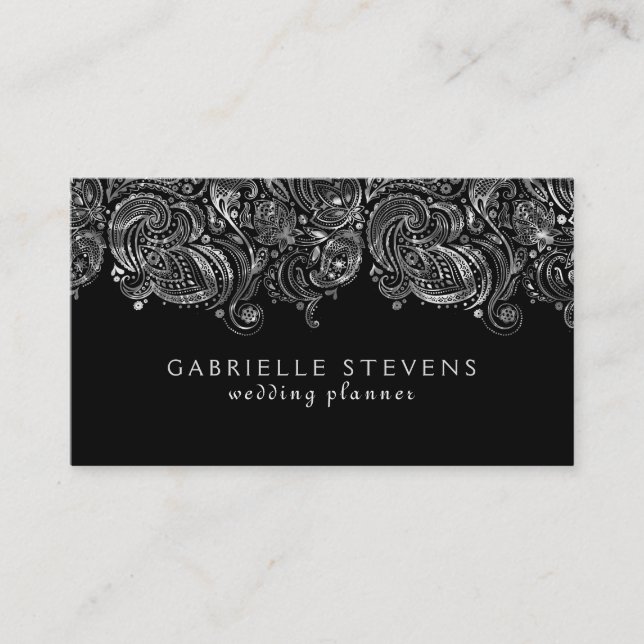 Elegant Silver och Black Paisley Bröllopsfixaren Visitkort (Framsida)