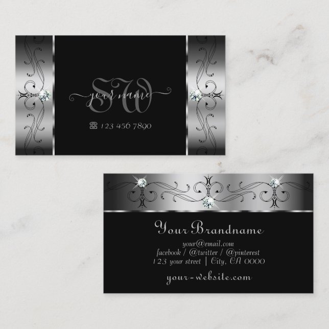 Elegant Silver och Black Squiggled Jewels Monogram Visitkort (Fram/baksida)