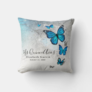Elegant Silver och Blue Butterfly Mis Quince Anos Kudde