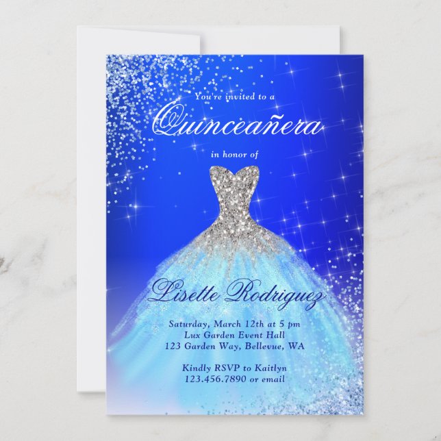 Elegant Silver och Blue Quinceanera Inbjudningar (Framsida)