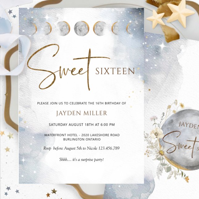 Elegant Silver och Guld Celestial Sweet sixteen Inbjudningar (Skapare uppladdad)