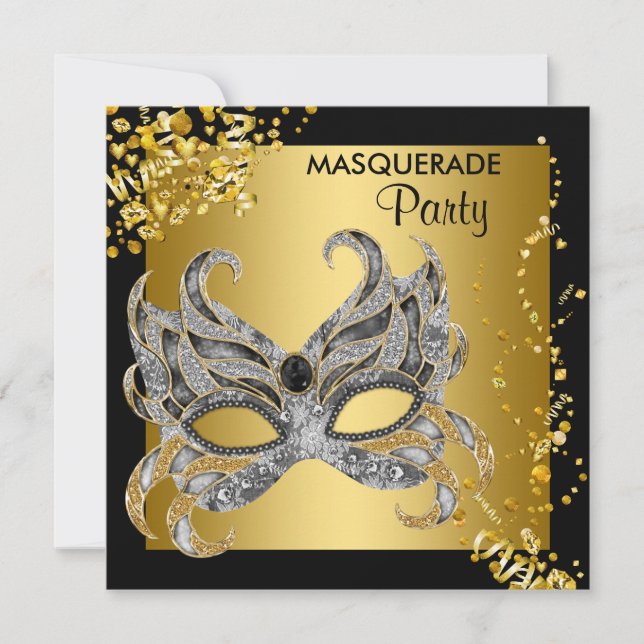 Elegant Silver och Guld Masquerad Party Inbjudningar (Framsida)