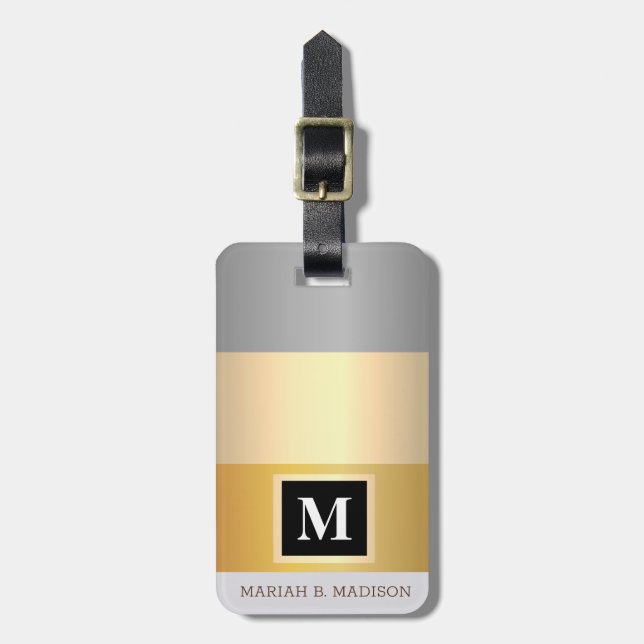 Elegant Silver och Guld, Monogrammed Namn Bagagebricka (Vertikal Framsida)