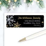 Elegant Silver och Guld Snowflake-Returadressen Returadress Etikett<br><div class="desc">Festive Return-adressetiketten har en utformning som ger silver och guld vintertid snöflingor med anpassningsbar för adress. Snowflake gräns har ett texturerat glitter tittar utseende på en svart bakgrund.</div>