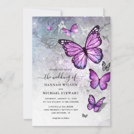 Elegant Silver och Lila Butterfly Bröllop Inbjudningar
