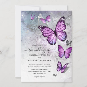 Elegant Silver och Lila Butterfly Bröllop Inbjudningar