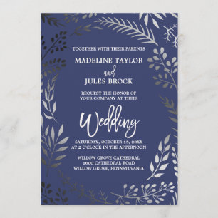 Elegant Silver och Navy   Bladrik Ram Bröllop Inbjudningar
