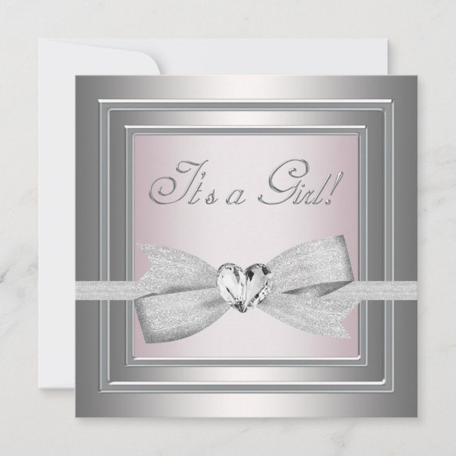 Elegant silver och rosa baby shower för flicka inbjudningar (Framsida)