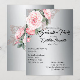 Elegant Silver och Rosa Blommigt Studenten Inbjudningar