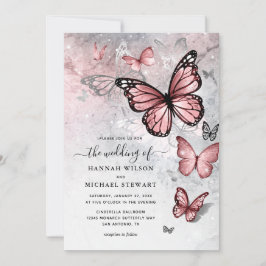 Elegant Silver och Rosa Butterfly Bröllop Inbjudningar