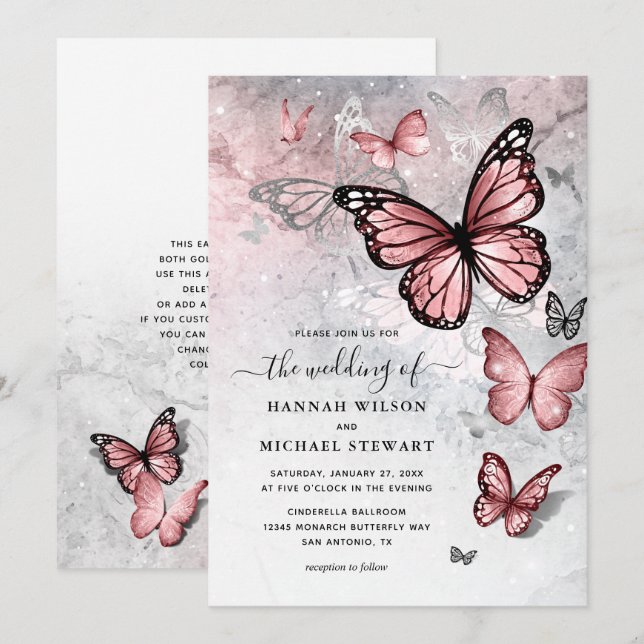 Elegant Silver och Rosa Butterfly Bröllop Inbjudningar (Fram/baksida)