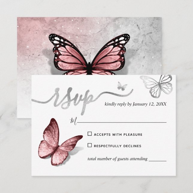 Elegant Silver och Rosa Butterfly Bröllop OSA Kort (Fram/baksida)