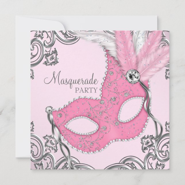 Elegant silver- och rosa maskeradfest inbjudningar (Framsida)