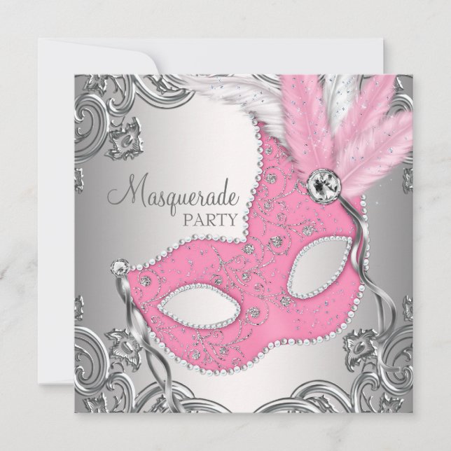 Elegant Silver och Rosa MasqueraParty Inbjudningar (Framsida)