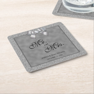 Elegant Silver och Snyggt Glitter Bröllop Underlägg Papper Kvadrat