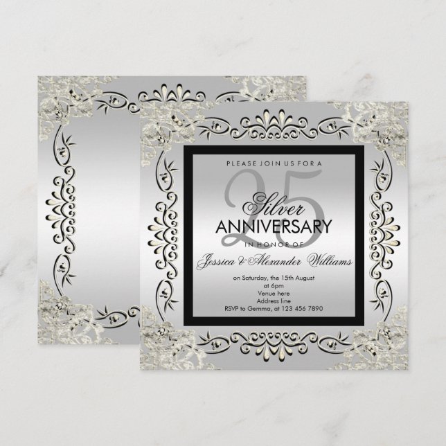 Elegant silver och svart 25-års bröllopsjubileum inbjudningar (Fram/baksida)